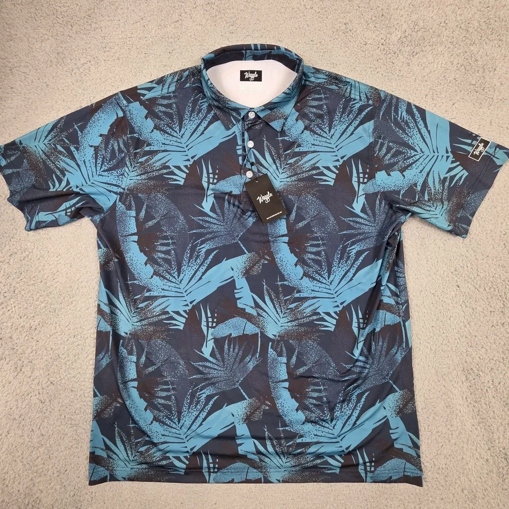 Waggle‎ Golf Polo Shirt Mens 2XL Blue Palms Performance Stretch NEW - Picture 2 of 11